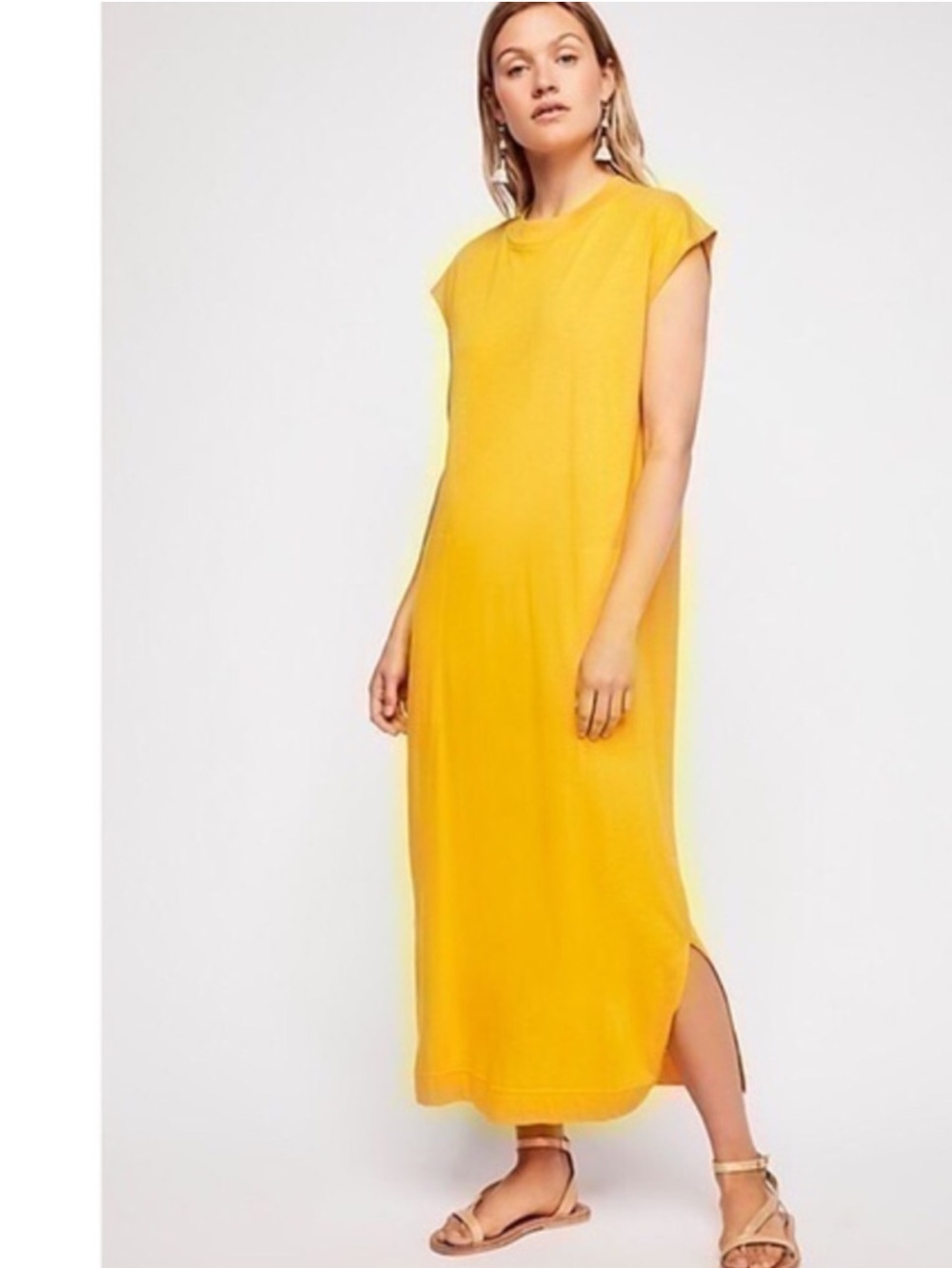 Free People FP Beach "All Day Long" Midi/Maxi T-Shirt Dress Bright Yellow Size M